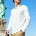 High-quality white men's long sleeve quick-dry polo shirt with black tipped collar and cuffs - S / Tops / White