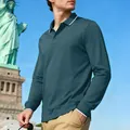 Men's stylish quick-dry long sleeve polo shirt in dark teal with white piping accent - S / Tops / Denim Blue