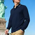 Men's navy long-sleeve polo shirt with white trim detail, casual golf style for autumn - S / Tops / Navy Blue