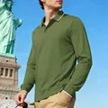 Professional men's olive green long-sleeve polo shirt with stylish white trim cuffs. - S / Tops / Army Green