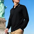 Black long sleeve men's polo shirt with white trim and quick-dry jacquard fabric - Black