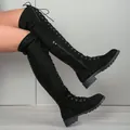 Black over-the-knee lace-up boots with round toe and comfortable low block heel. - 35 / Black