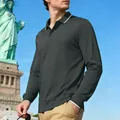 Men's casual dark grey long-sleeve jacquard polo shirt with white collar trim and cuffs - Dark Gray