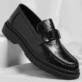 Elegant black leather slip-on loafer for men featuring stylish metal buckle detail - 38 / All-season Black