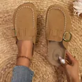 Vue de dessus de mules en daim camel avec boucle en métal et détails de corde tressée - 35 / Marron