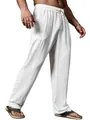 Loose white cotton linen trousers for men with a breathable straight leg design - S / Bottoms / White