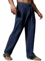 Detail of men's loose navy blue linen straight-leg pants with drawstring waist - Navy Blue