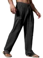 Macro view showing the breathable cotton linen texture of these loose black trousers. - S / Bottoms / Black