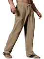 Detail view of men's khaki cotton linen pants showing the loose straight fit and texture - S / Bottoms / Dark Khaki