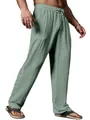 Men's casual loose linen cotton trousers in light green with elastic drawstring waist for summer. - Grey Green