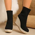 Elegant black knit sock-style wedge ankle boots with a stylish woven platform for women - 36 / Black