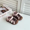 Detailed view of pink and brown toddler walking shoes with star motif and velcro strap - Size 22 Inner Length 14.5CM / Brown