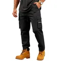 Detail view of men's loose black cargo sweatpants with multiple pockets and drawstring - M / Bottoms / Black