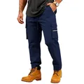 Detail view of navy blue multi-pocket cargo pants featuring functional tactical zippers - Navy Blue