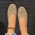 Comfortable ladies beige hollow-out flat shoes with round toe and breathable laser-cut design - 36 / Khaki