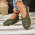 Casual women's army green hollow-out flat shoes with comfortable round toe design - 36 / Green