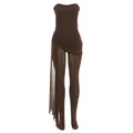 Detail of brown strapless jumpsuit featuring sheer mesh legs and wrap waist detail. - Coffee