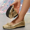 Elegant flexible golden woven ballet flats with bow decoration in French style for women - 36 / Gold