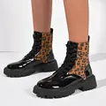Women's leopard print lace-up martin boots with chunky soles and patent leather - 35 / Brown Leopard Print
