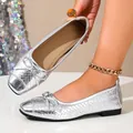 Elegant metallic silver woven ballet flats with bow detail and French square toe design. - 38 / Silver