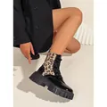 Chunky heel leopard print and black patent leather patchwork Martin boots for women. - 35 / Beige Leopard