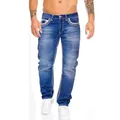 Dettaglio di jeans blu slim fit da uomo con doppie cuciture bianche. - Taglia S / Pantaloni e gonne / Azzurro