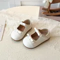 French retro girls' cream leather flat shoes with elegant double bow design - Size 21 (13.9cm) / Beige