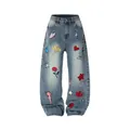 Loose fit light wash denim jeans featuring vibrant street style embroidered patches all over - S / Bottoms / Blue