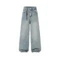 Retro American wide-leg denim jeans with paint splatter effect and sparkling rhinestones - S / Bottoms / Blue