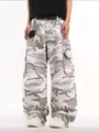 Loose wide-leg camouflage cargo pants with multiple pockets and vintage washed style - S / Bottoms / Olive