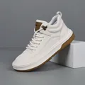 Premium white first-layer cowhide men's high-top sneakers with warm plush lining - 38 / White Fleece
