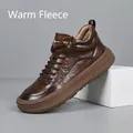 Premium brown leather high-top sneakers for men with warm fleece lining and sole - 38 / Brown Fleece Lined
