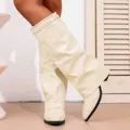 Elegant beige pointed-toe slouchy high boots with chunky heels in variant view - 36 / Beige