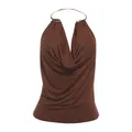 Elegante top marrone senza maniche con scollo all'americana in metallo e drappeggio - Taglia S / Top / Marrone
