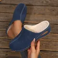 Women's navy blue wedge cotton slippers with thick sole and warm fleece lining closed toe - 36 / Navy Blue