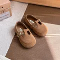 Girls vintage brown suede T-strap baby shoes with soft sole for spring and autumn seasons - Size 21: 13.7cm / Camel