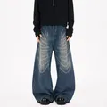 High street baggy blue jeans with laser butterfly rhinestone design and wide leg fit - S / Bottoms / Blue