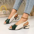 Close-up of women's peep toe sandals with green croc-textured strap and block heel - 36 / Dark Green