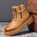 Vintage British style men's tan work boots with thick rubber soles and side zipper - 38 / Brown