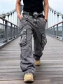Jeans cargo grigi lavaggio acido da uomo stile hip-hop streetwear con vestibilità larga - Taglia L / Pantaloni e gonne / Grigio