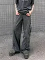 Men's vintage black loose straight fit cargo jeans with distressed wash and side pockets - S / Bottoms / Gray