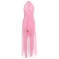 Elegante abito lungo rosa all'americana con corpino arricciato e design della gonna in mesh - Taglia S / Vestiti / Rosa