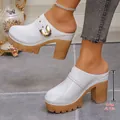 White patent leather platform mules with high block heels and gold rivets decoration - 35 / White