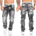 Front and back macro view of men's distressed grey straight-leg faded denim jeans. - S / Bottoms / Light Gray