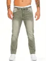 Front view of men's distressed green denim pants showing straight-leg fit and pockets - Light Green