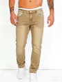 Men's distressed tan straight-leg jeans with vintage hip-hop style detailing - Turmeric