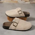 Detailed view of beige suede closed-toe mule sandals with adjustable metal buckle strap - 36-37 / Off White