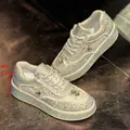 Elegant white platform sneakers for women with luxury rhinestones and floral embroidery detail - 35 / Rhinestone Embroidered Style (8758) / White