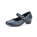 Clásicos zapatos Mary Jane de cuero azul marino con punta redonda y tacón de bloque medio - 35 / Azul marino