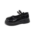 Elegant girls black patent leather Mary Jane shoes featuring a stylish pearl bow detail - Size 26 (Inner approx. 16.0CM) / Black
